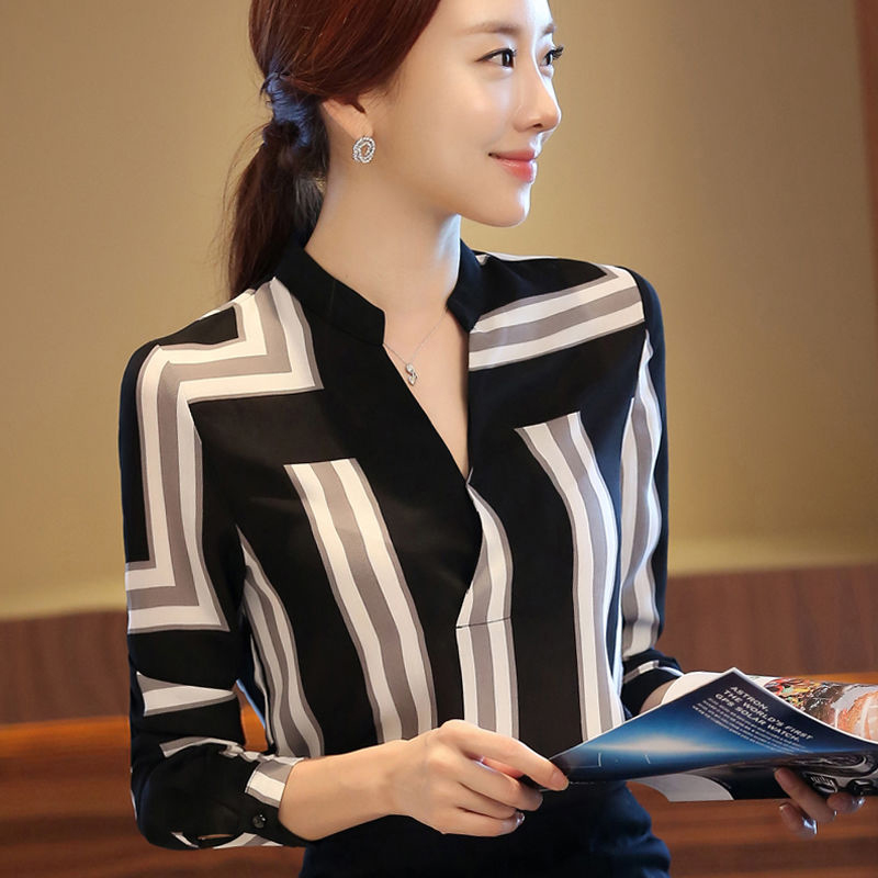새로운 여성 쉬폰 셔츠 사무실 v 넥 긴 소매 한국어 스트라이프 블라우스, 느슨한 캐주얼 여성 탑 DF3257